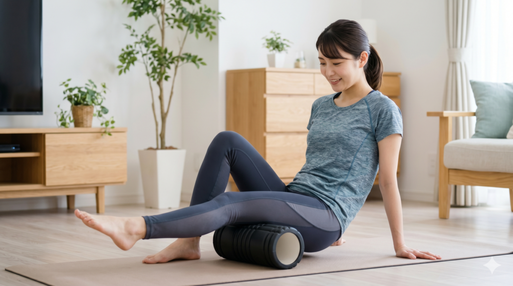 フォームローラーを使ったセルフケアをしている人物