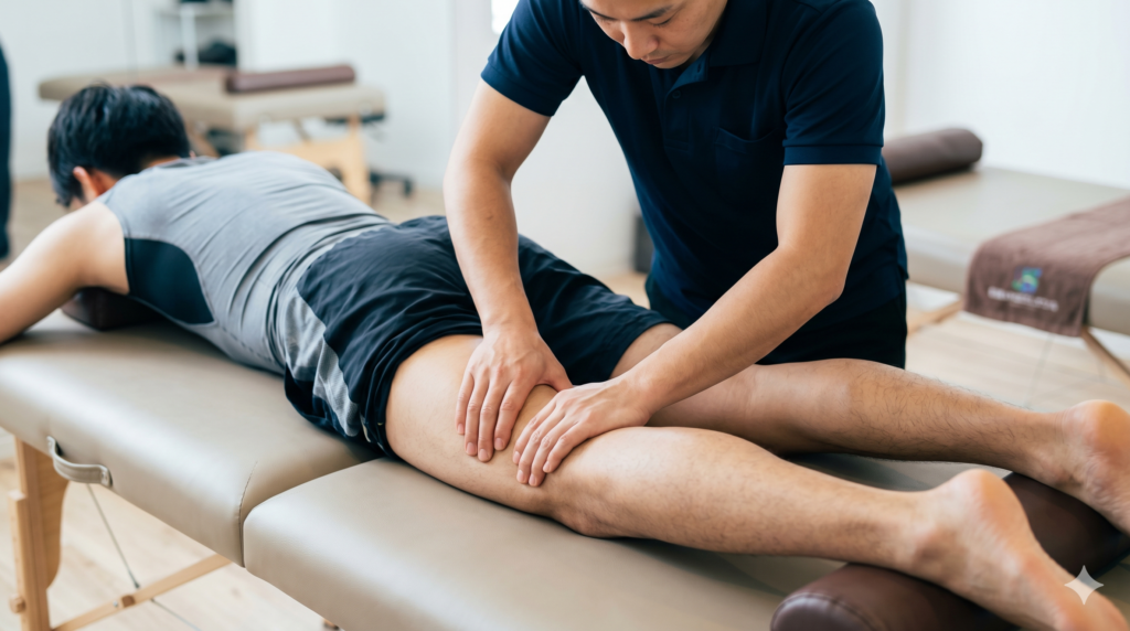 スポーツ選手が施術を受けているシーン（下半身中心の施術）