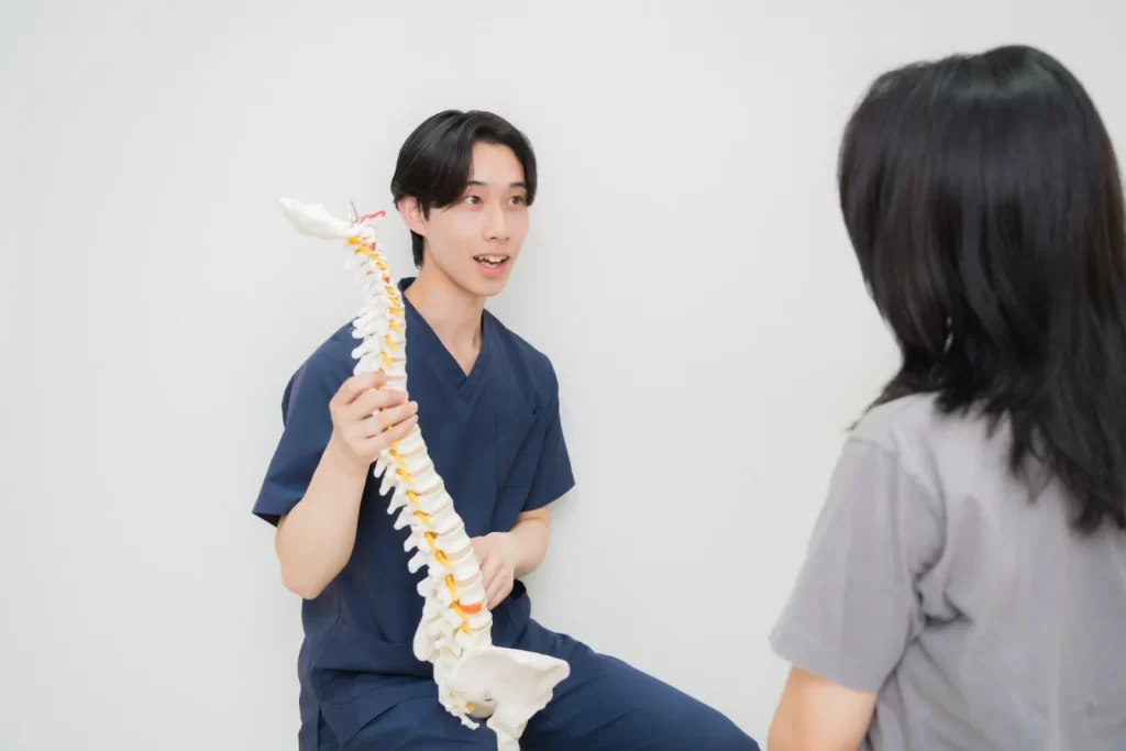施術者が背骨の模型を使って姿勢について説明する様子